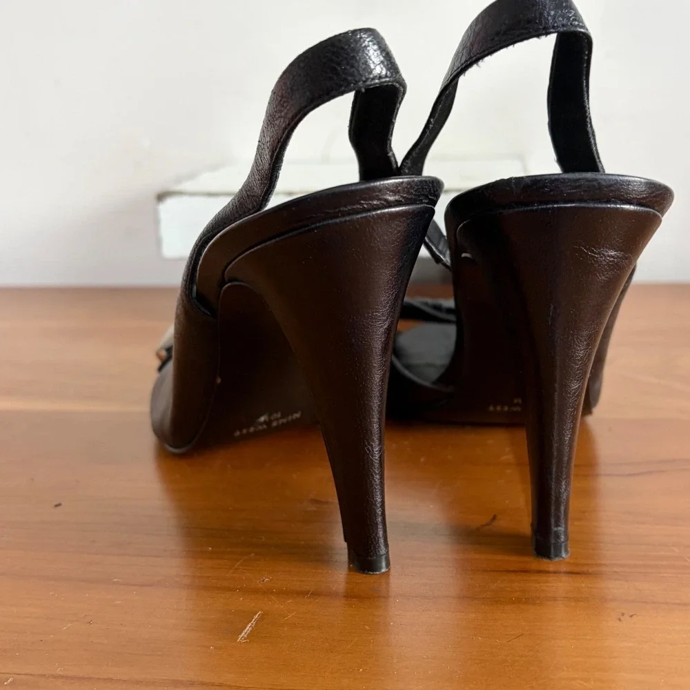 Nine West Black Leather Slingback Peep Toe Heels Silver Hardware Stiletto 10M